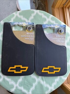 NWT 2 pairs (4 pc total) Black Chevy Mud Guards with Gold Bowtie Logo 9x15”